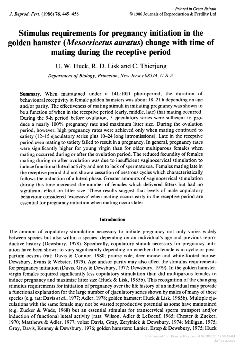 Stimulus Requirements for Pregnancy Initiation in the Golden Hamster (Mesocricetus Auratus) Change with Time of Mating During the Receptive Period U