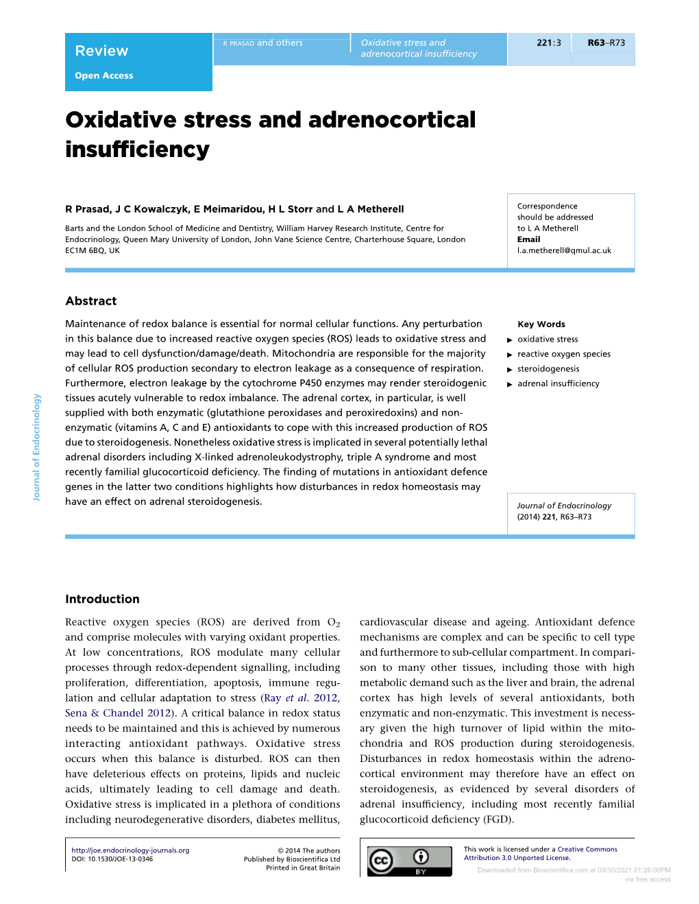 Oxidative Stress and Adrenocortical Insufficiency