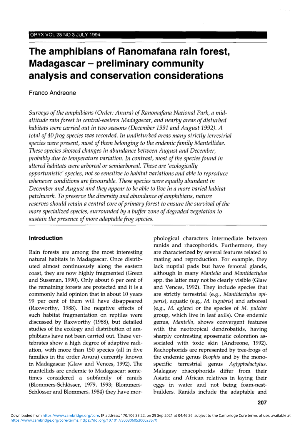 The Amphibians of Ranomafana Rain Forest, Madagascar - Preliminary Community Analysis and Conservation Considerations