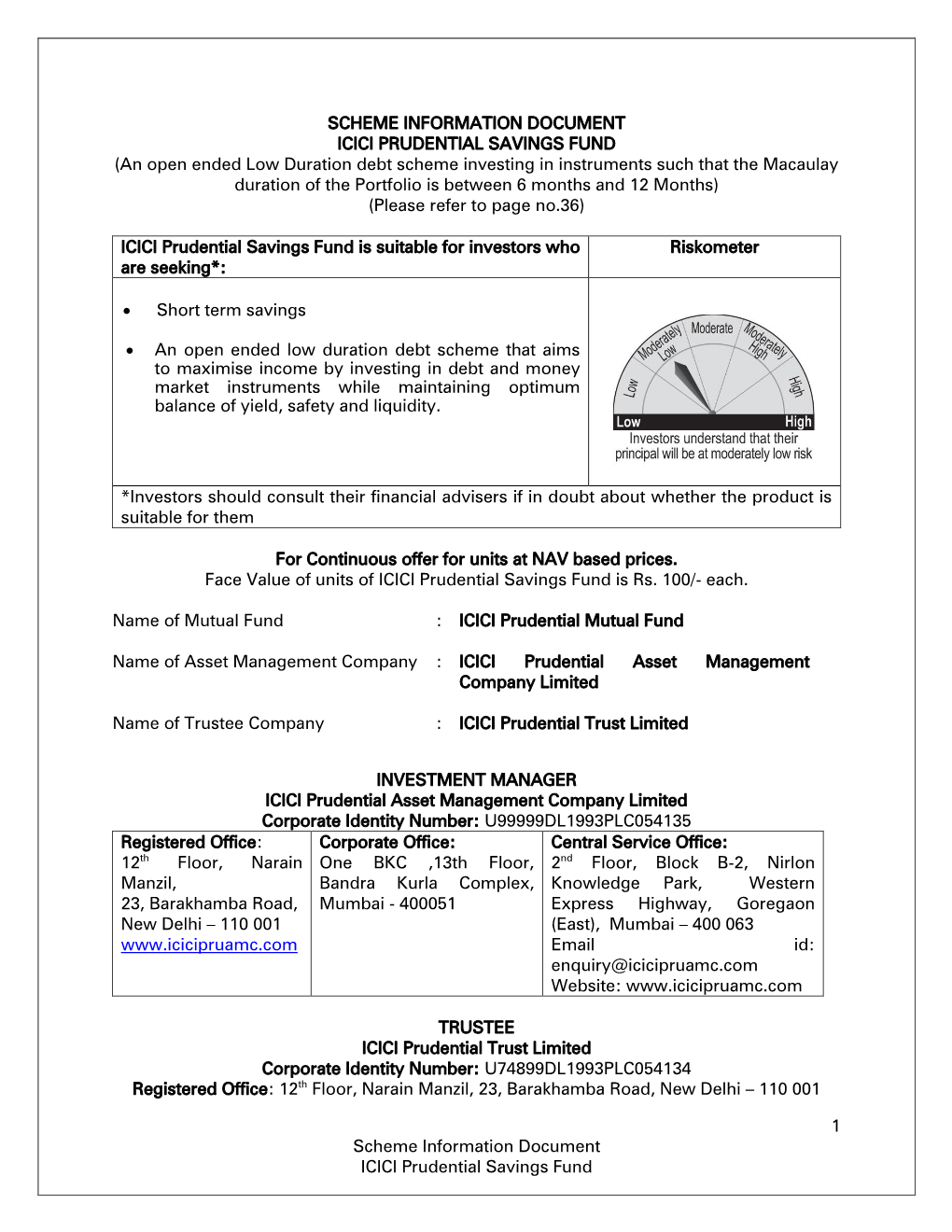 1 Scheme Information Document ICICI Prudential Savings Fund