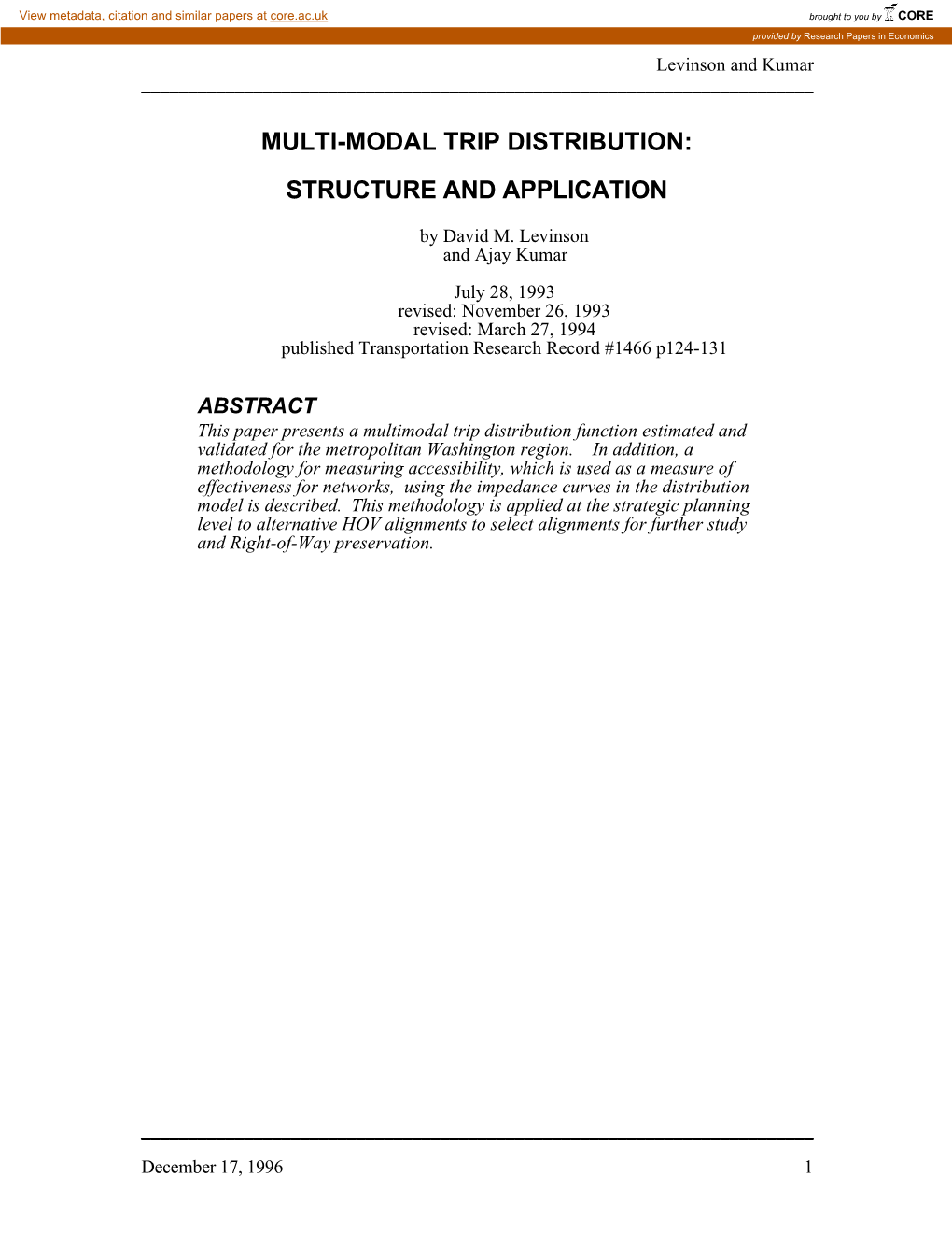 Multi-Modal Trip Distribution: Structure and Application