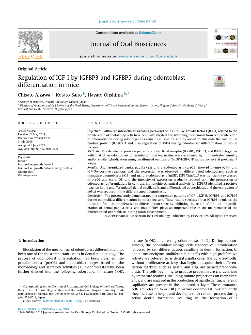Regulation of IGF-I by IGFBP3 and IGFBP5 During Odontoblast Differentiation in Mice
