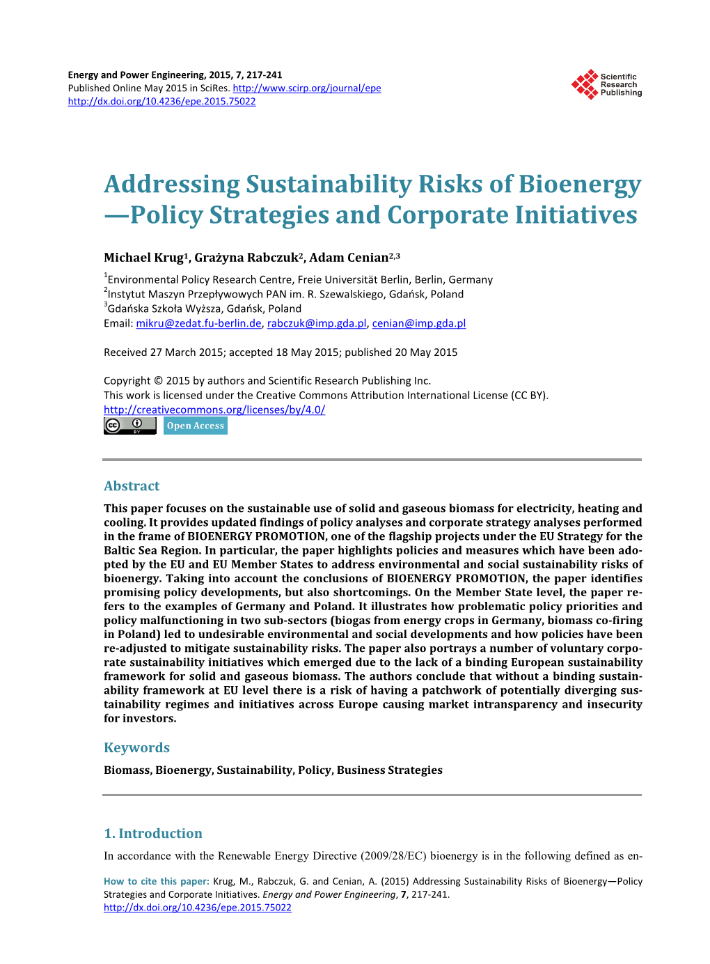 Addressing Sustainability Risks of Bioenergy —Policy Strategies and Corporate Initiatives
