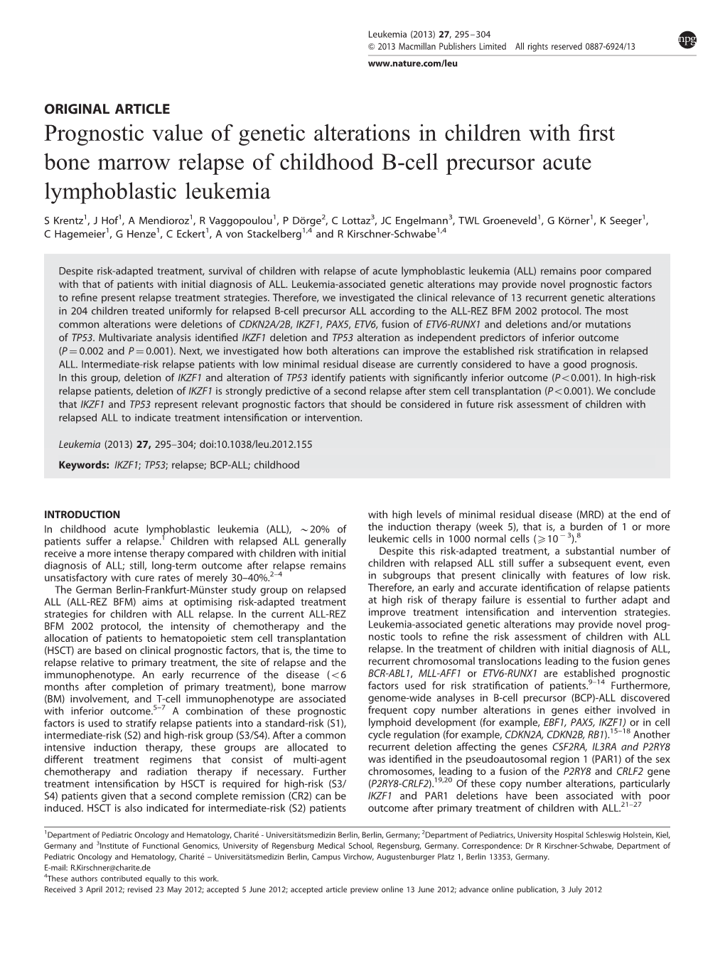 Prognostic Value of Genetic Alterations in Children with First Bone Marrow