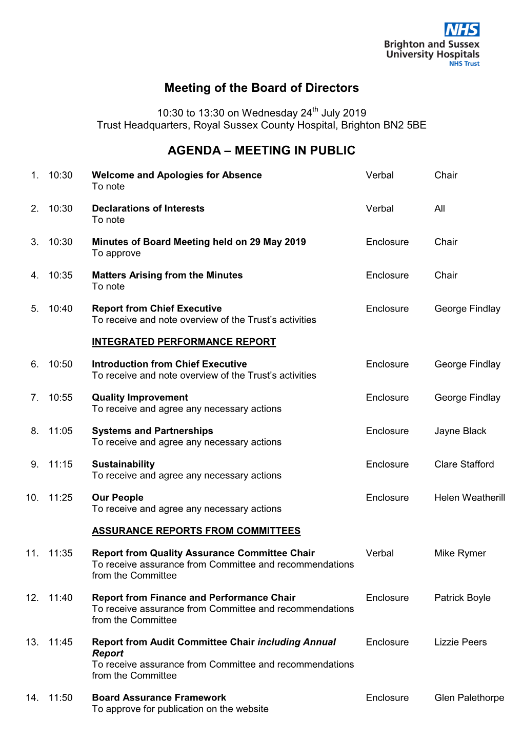 Meeting of the Board of Directors AGENDA – MEETING in PUBLIC