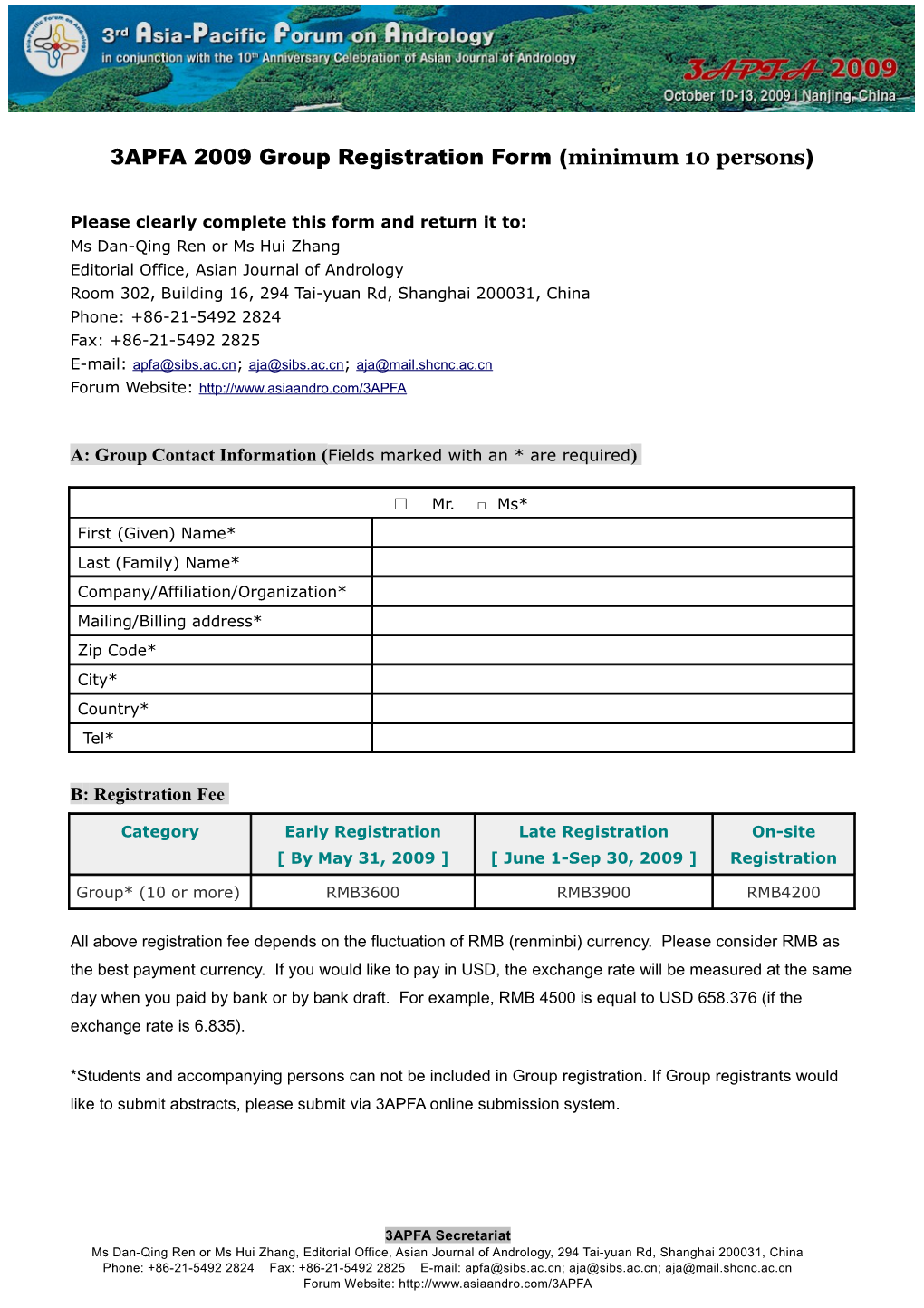 3APFA 2009 Group Registration Form (Minimum 10 Persons)