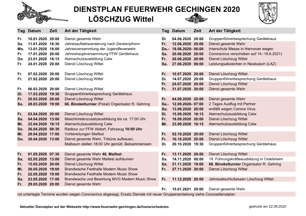 DIENSTPLAN FEUERWEHR GECHINGEN 2020 LÖSCHZUG Wittel