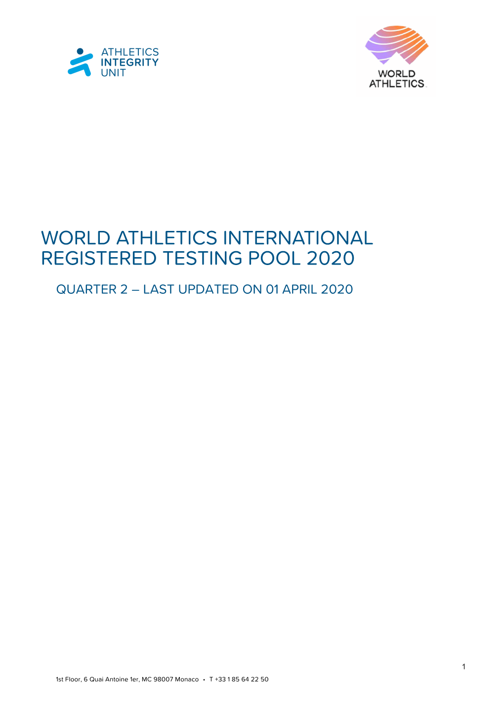 World Athletics International Registered Testing Pool 2020