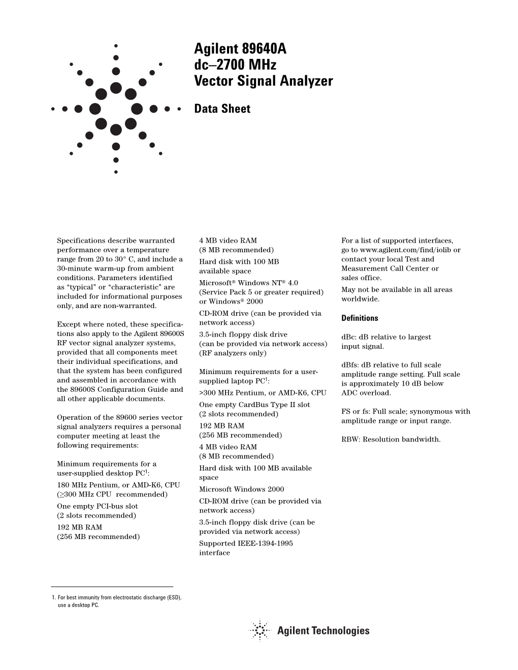 Agilent 89640A Dc–2700 Mhz Vector Signal Analyzer