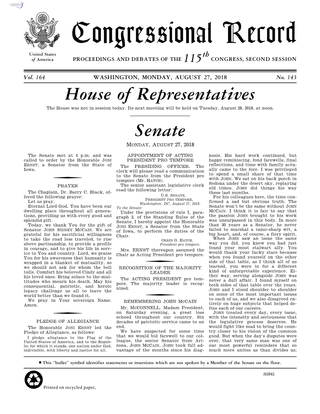 Congressional Record United States Th of America PROCEEDINGS and DEBATES of the 115 CONGRESS, SECOND SESSION