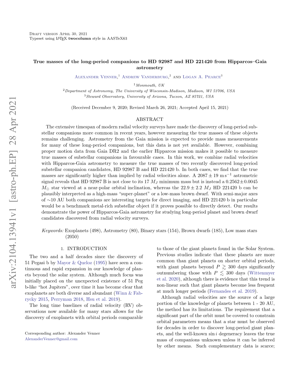 True Masses of the Long-Period Companions to HD 92987 and HD 221420 from Hipparcos–Gaia Astrometry