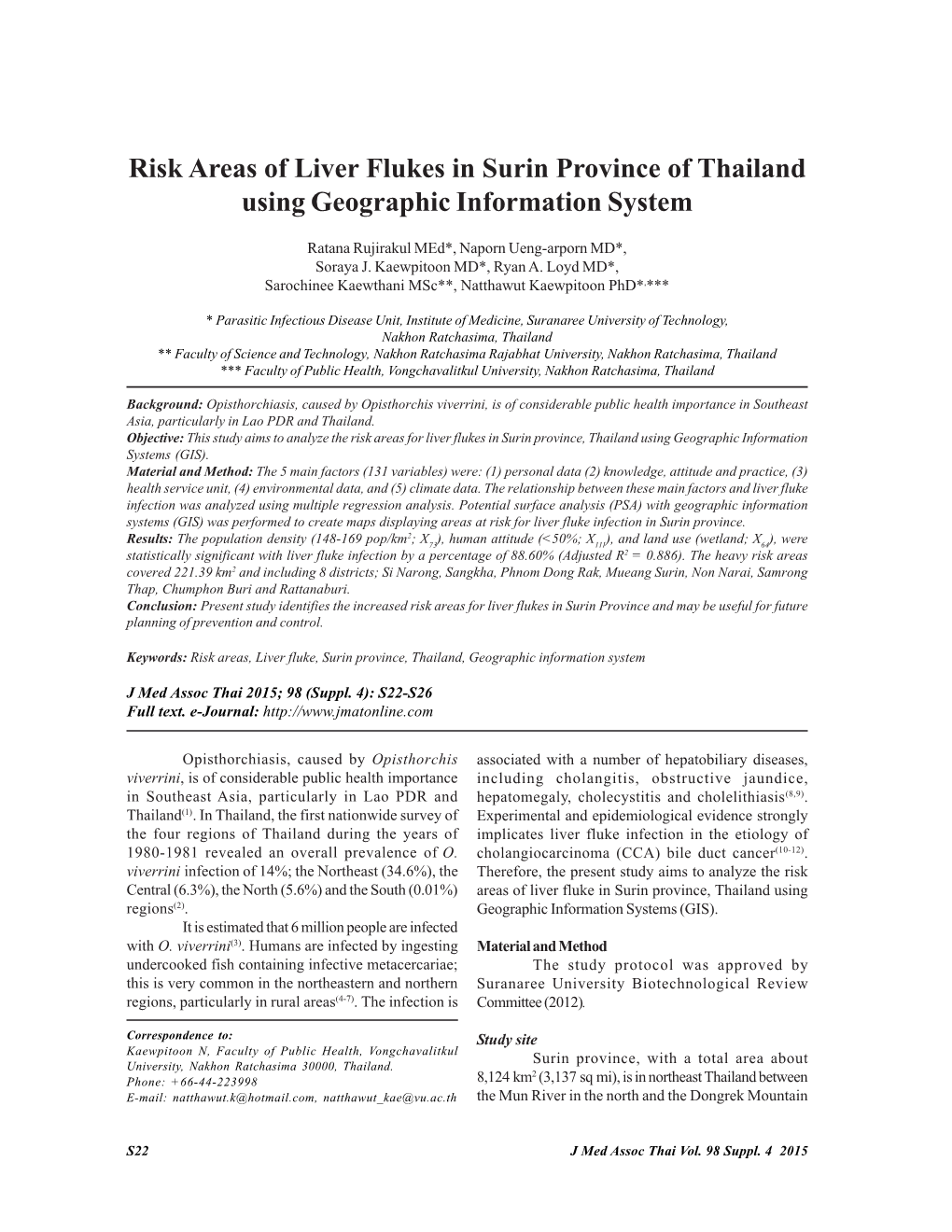 Risk Areas of Liver Flukes in Surin Province of Thailand Using Geographic Information System