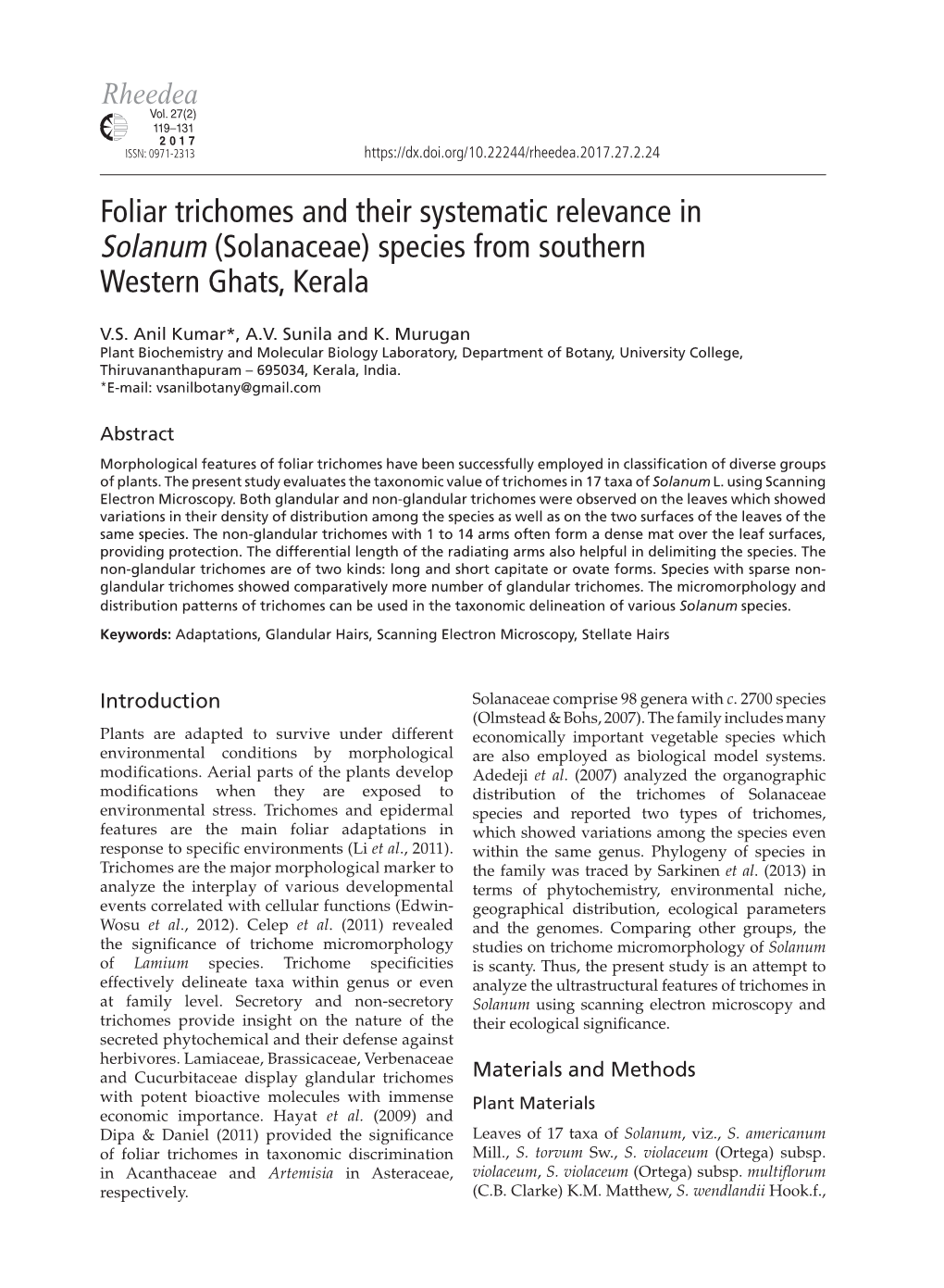 Foliar Trichomes and Their Systematic Relevance in Solanum (Solanaceae) Species from Southern Western Ghats, Kerala