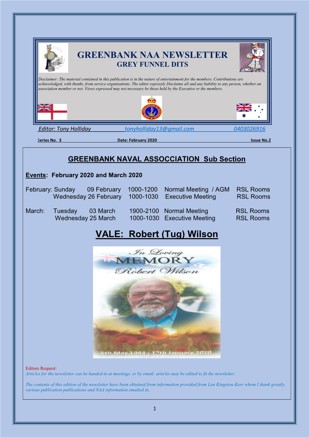 GREENBANK NAA NEWSLETTER VALE: Robert (Tug) Wilson