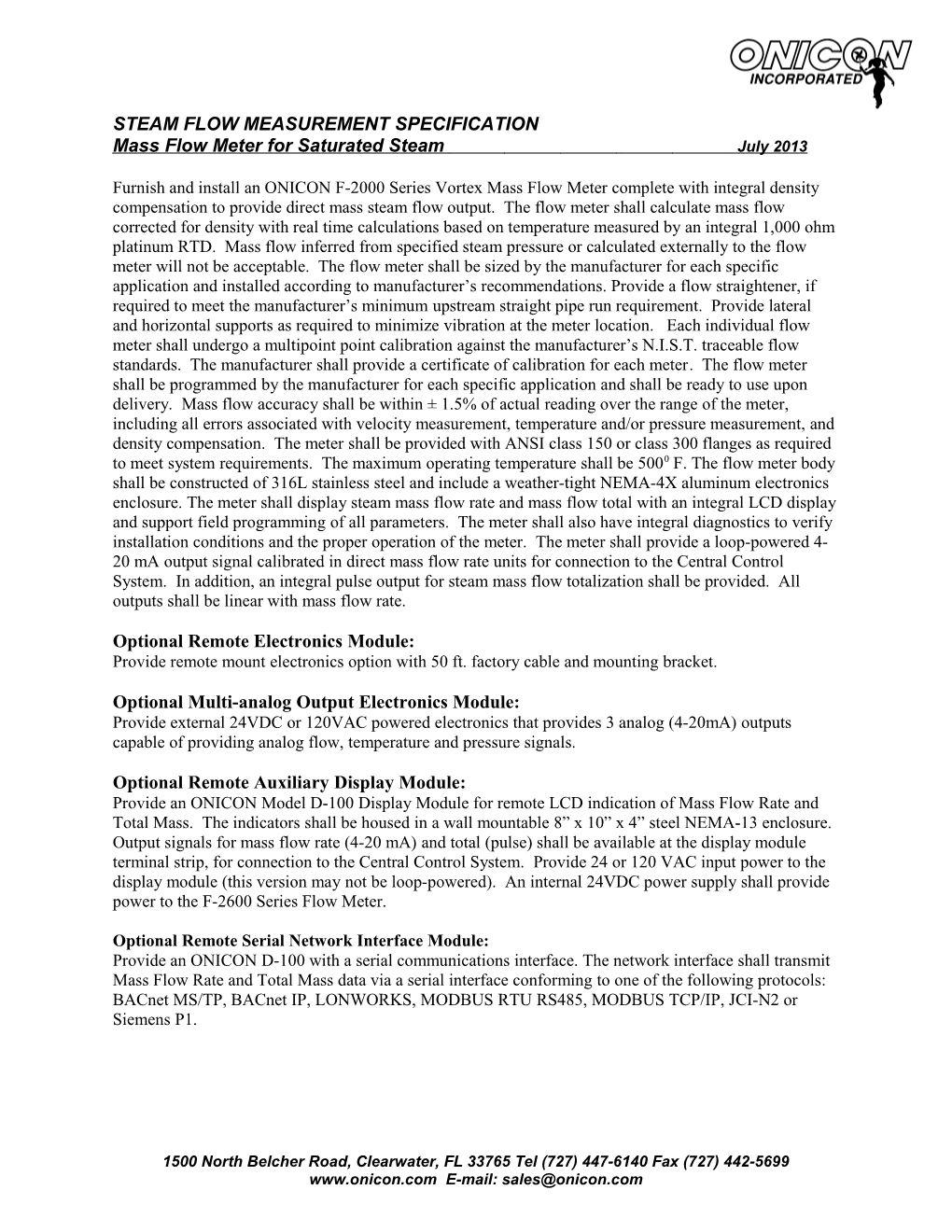 Steam Flow Measurement Specification