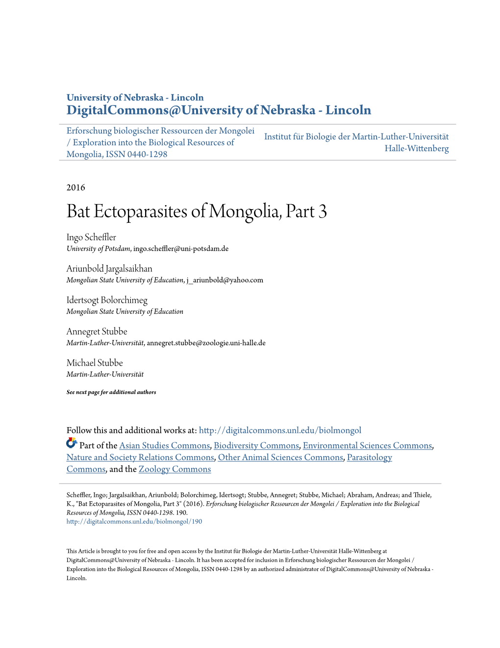 Bat Ectoparasites of Mongolia, Part 3 Ingo Scheffler University of Potsdam, Ingo.Scheffler@Uni-Potsdam.De