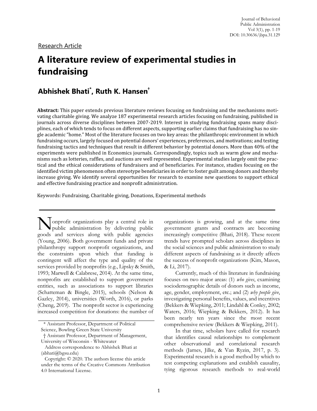 A Literature Review of Experimental Studies in Fundraising
