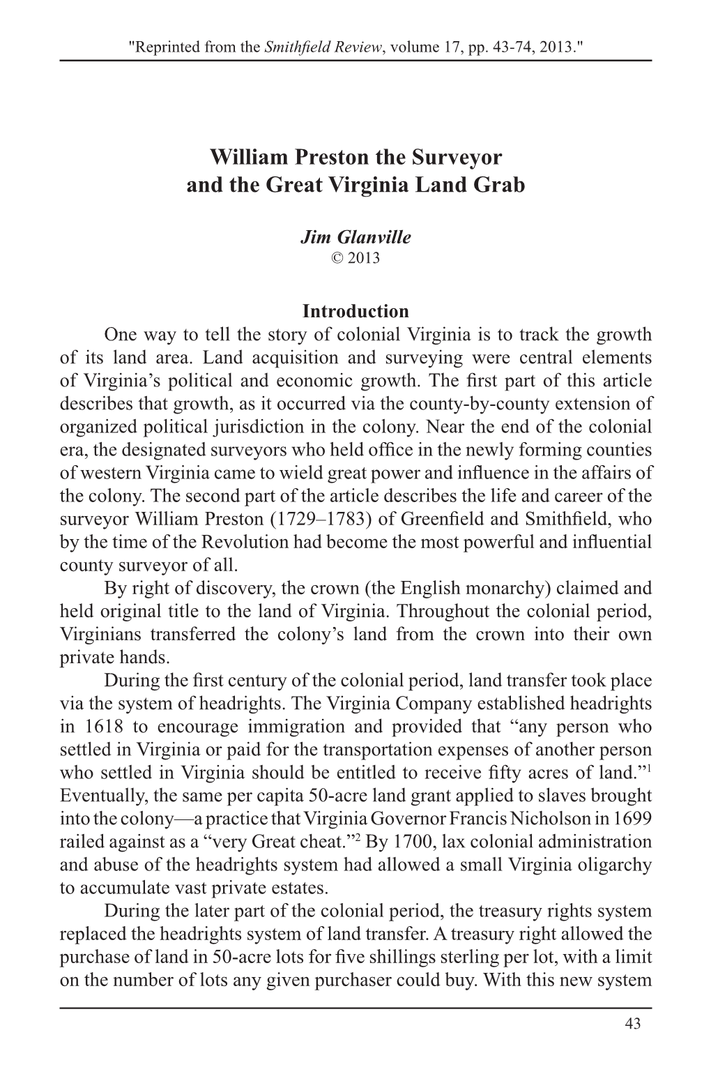 William Preston the Surveyor and the Great Virginia Land Grab