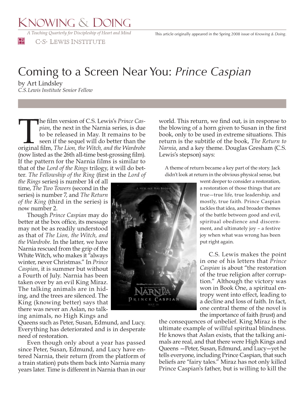 Prince Caspian by Art Lindsley C.S.Lewis Institute Senior Fellow