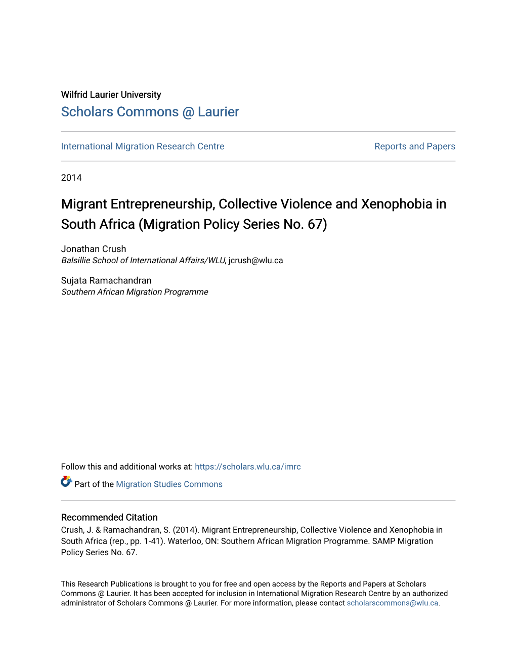 Migrant Entrepreneurship, Collective Violence and Xenophobia in South Africa (Migration Policy Series No