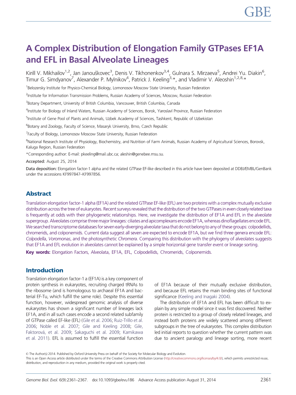 A Complex Distribution of Elongation Family Gtpases EF1A and EFL in Basal Alveolate Lineages