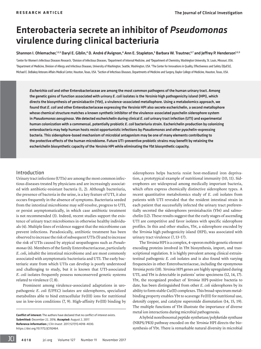 Enterobacteria Secrete an Inhibitor of Pseudomonas Virulence During Clinical Bacteriuria