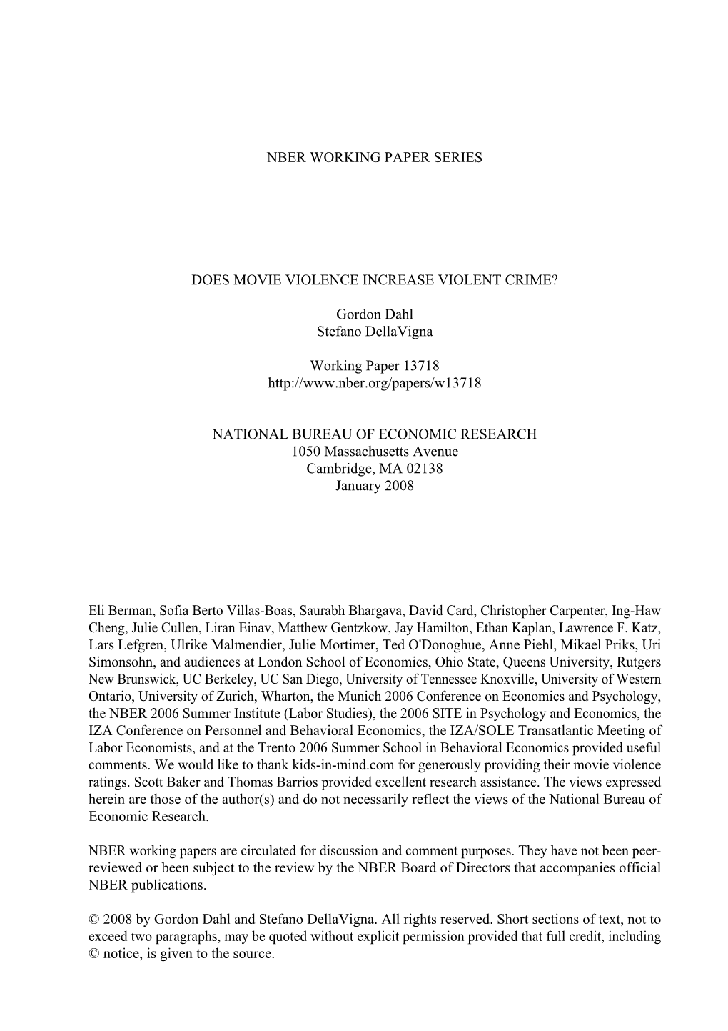 Nber Working Paper Series Does Movie Violence