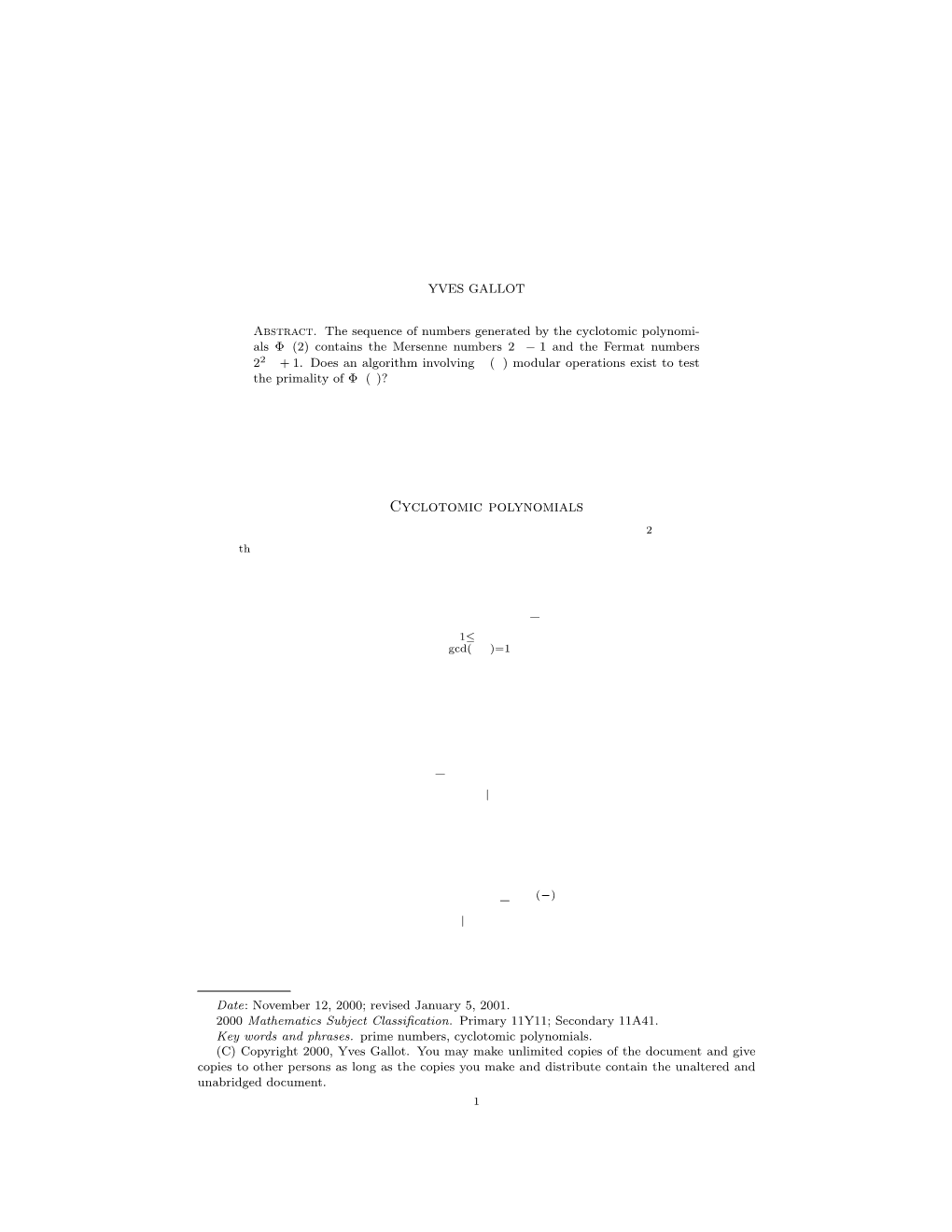 CYCLOTOMIC POLYNOMIALS and PRIME NUMBERS 1. Cyclotomic