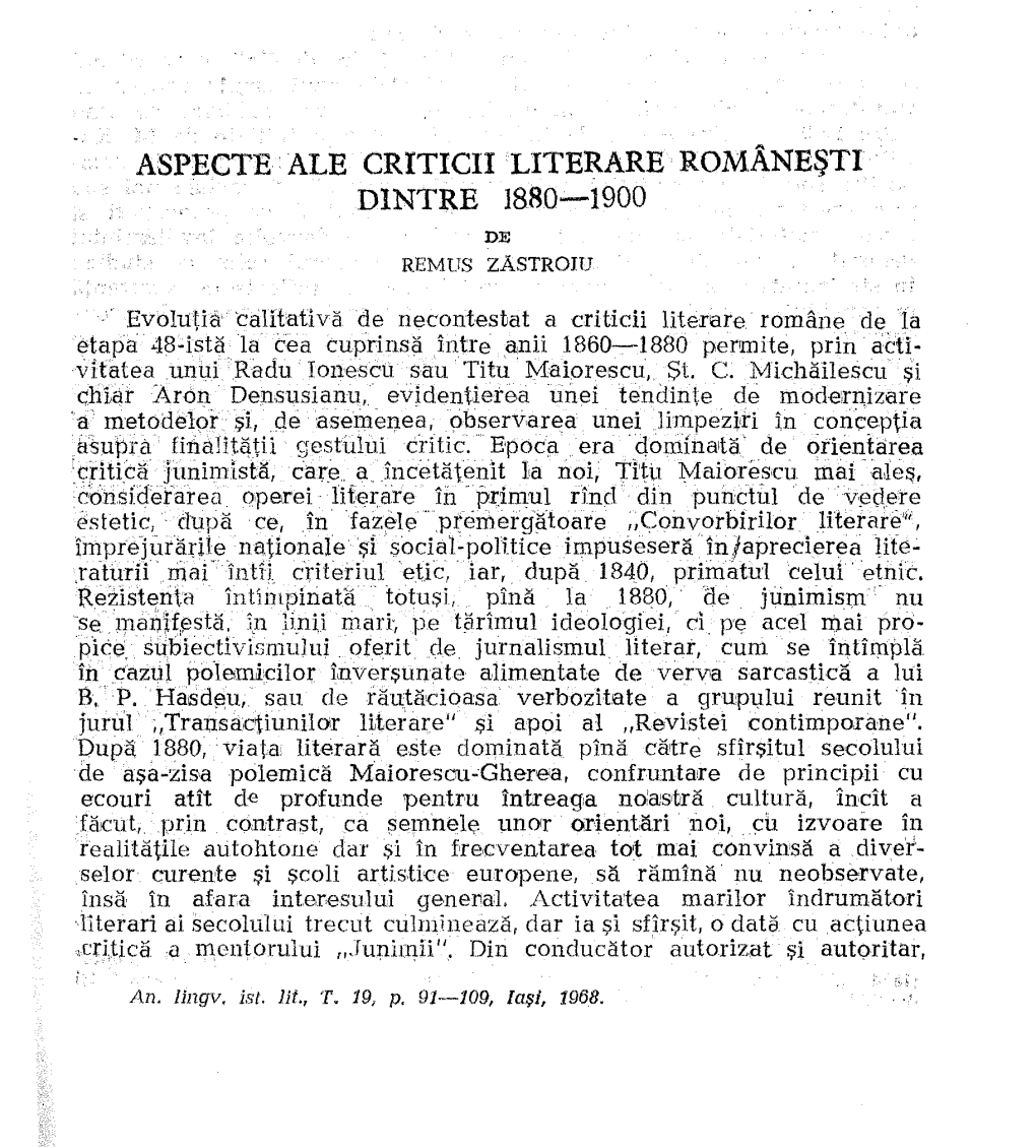 R. ZĂSTROIU, Aspecte Ale Criticii Literare Româneşti Dintre 1880 – 1900