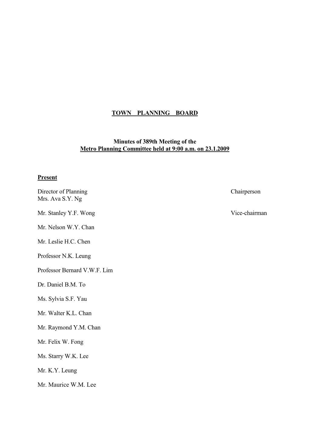 TOWN PLANNING BOARD Minutes of 389Th Meeting of the Metro