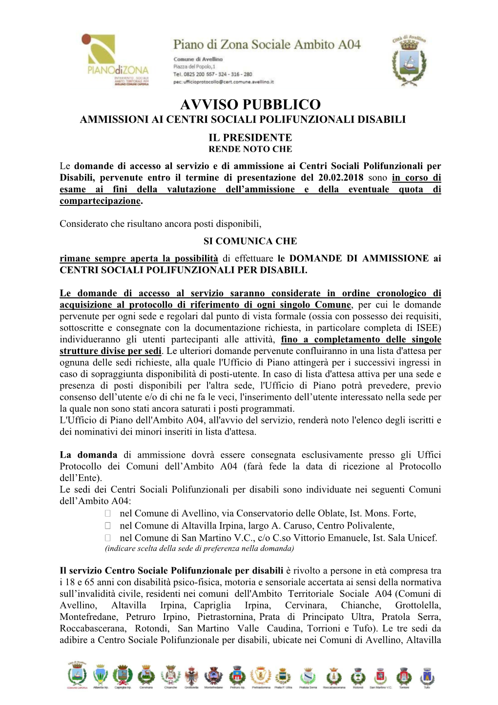 Avviso Pubblico Ammissioni Ai Centri Sociali Polifunzionali Disabili