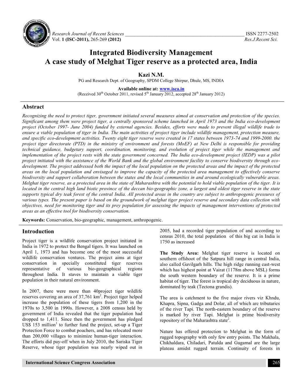 Integrated Biodiversity Management a Case Study of Melghat Tiger Reserve As a Protected Area, India