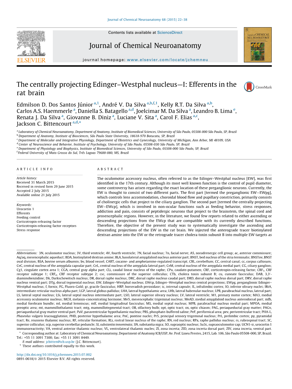 The Centrally Projecting Edinger–Westphal Nucleus—I: Efferents in the Rat Brain