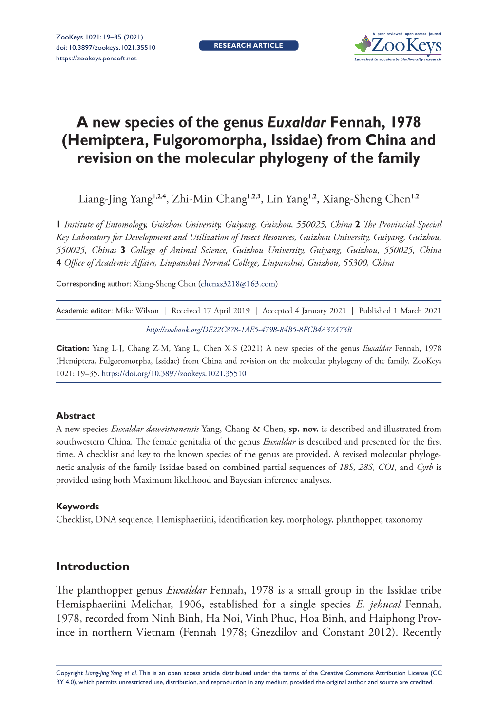 A New Species of the Genus Euxaldar Fennah, 1978 (Hemiptera, Fulgoromorpha, Issidae) from China and Revision on the Molecular Phylogeny of the Family