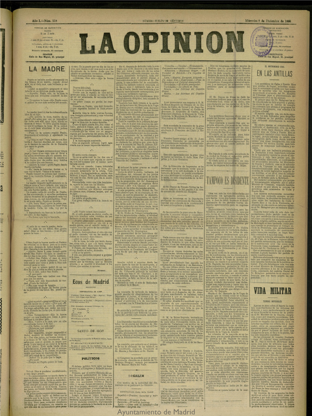 La Opinión Del 8 De Diciembre De 1886, Nº