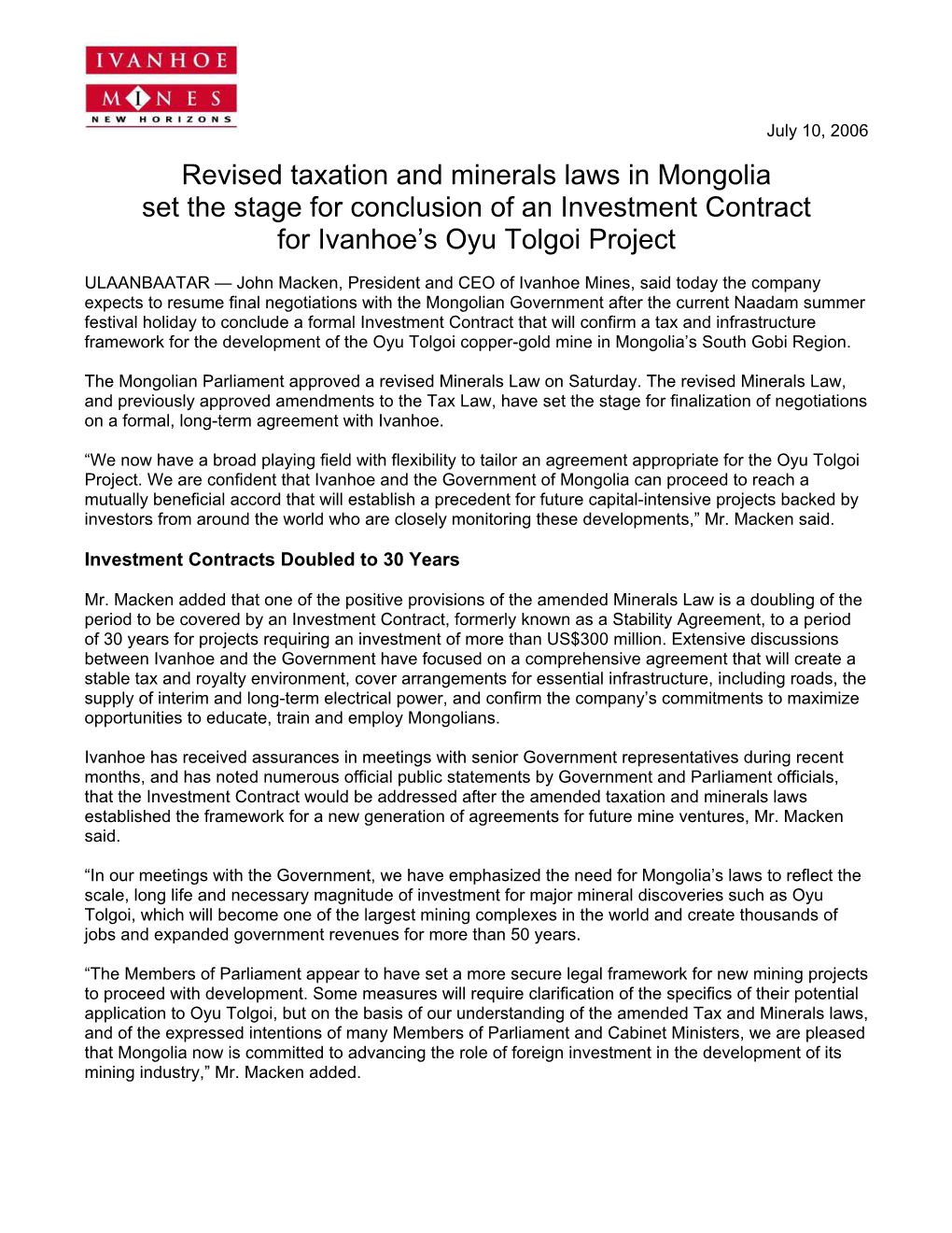 Revised Taxation and Minerals Laws in Mongolia Set the Stage for Conclusion of an Investment Contract for Ivanhoe’S Oyu Tolgoi Project