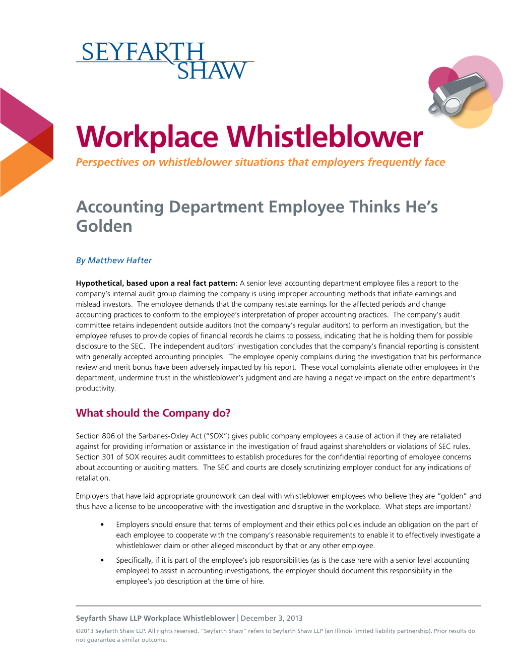 Workplace Whistleblower Perspectives on Whistleblower Situations That Employers Frequently Face