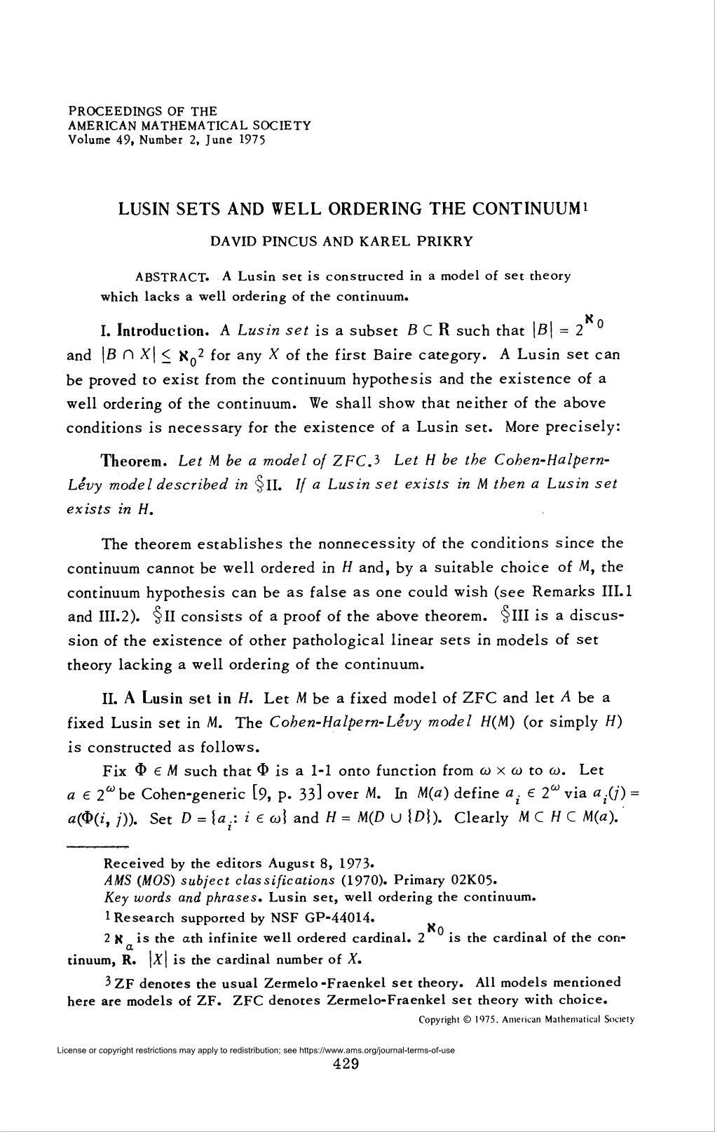 LUSIN SETS and WELL ORDERING the Continuumi