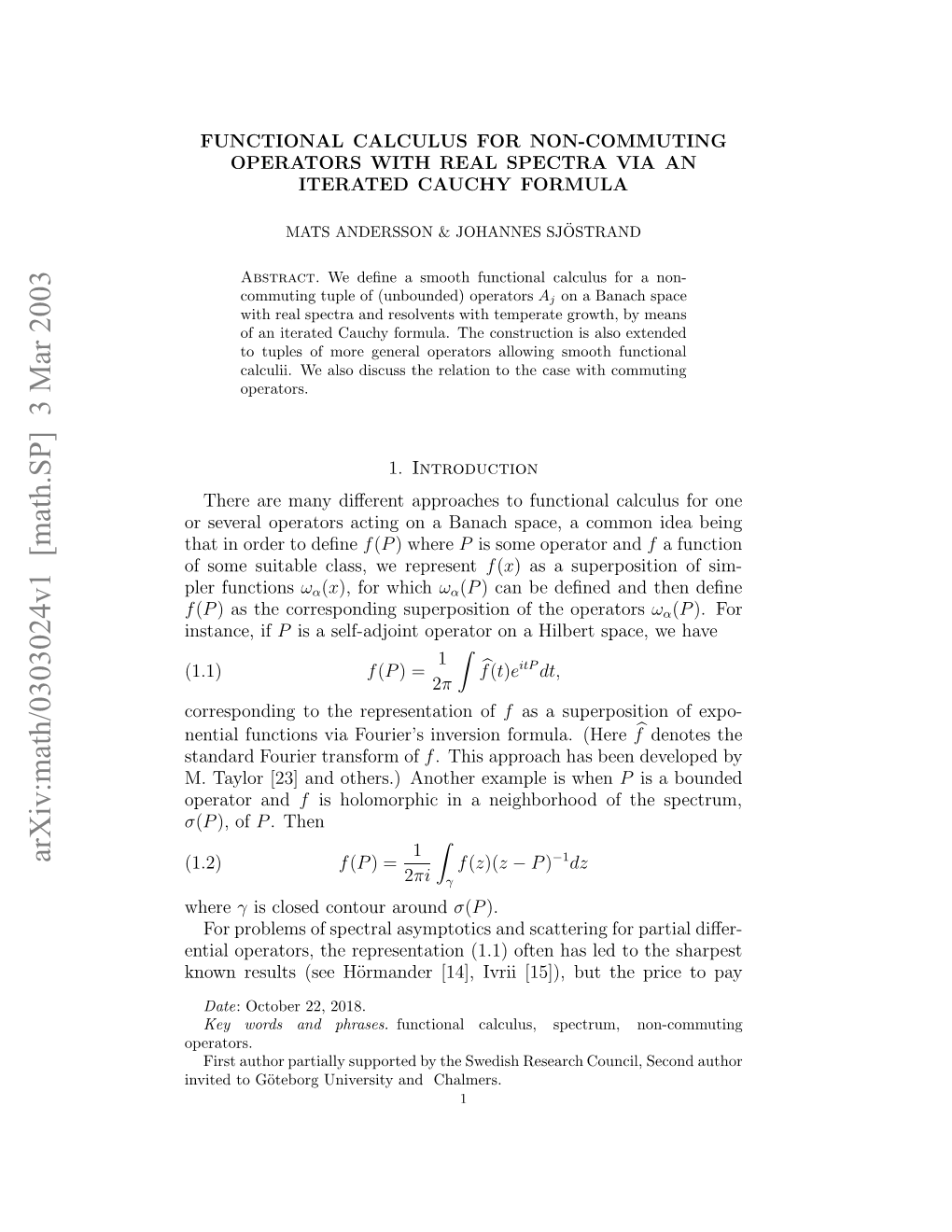 [Math.SP] 3 Mar 2003 Σ and Operator Tnadfuirtasomof Transform Fourier Standard (1.2) Eta Ucin I Ore’ Neso Oml.(Here Formula