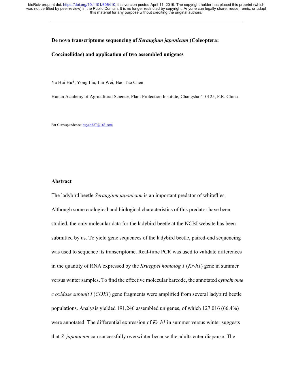 De Novo Transcriptome Sequencing of Serangium Japonicum (Coleoptera