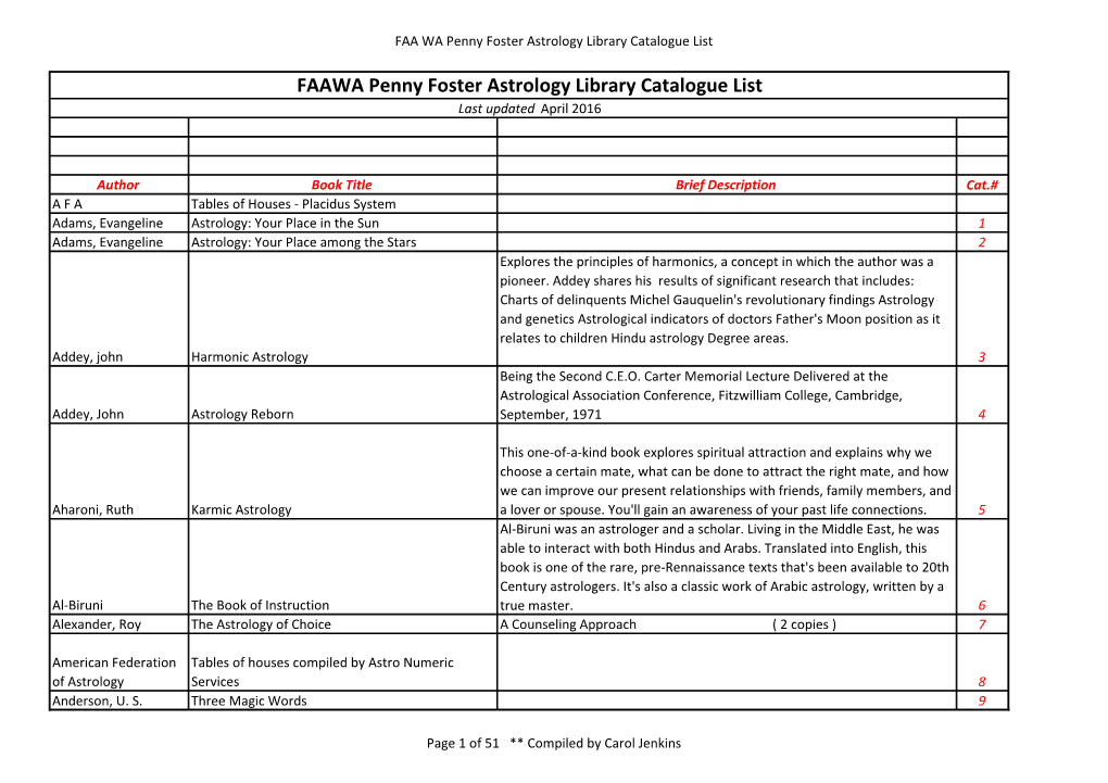 FAAWA Penny Foster Astrology Library Catalogue List Last Updated April 2016