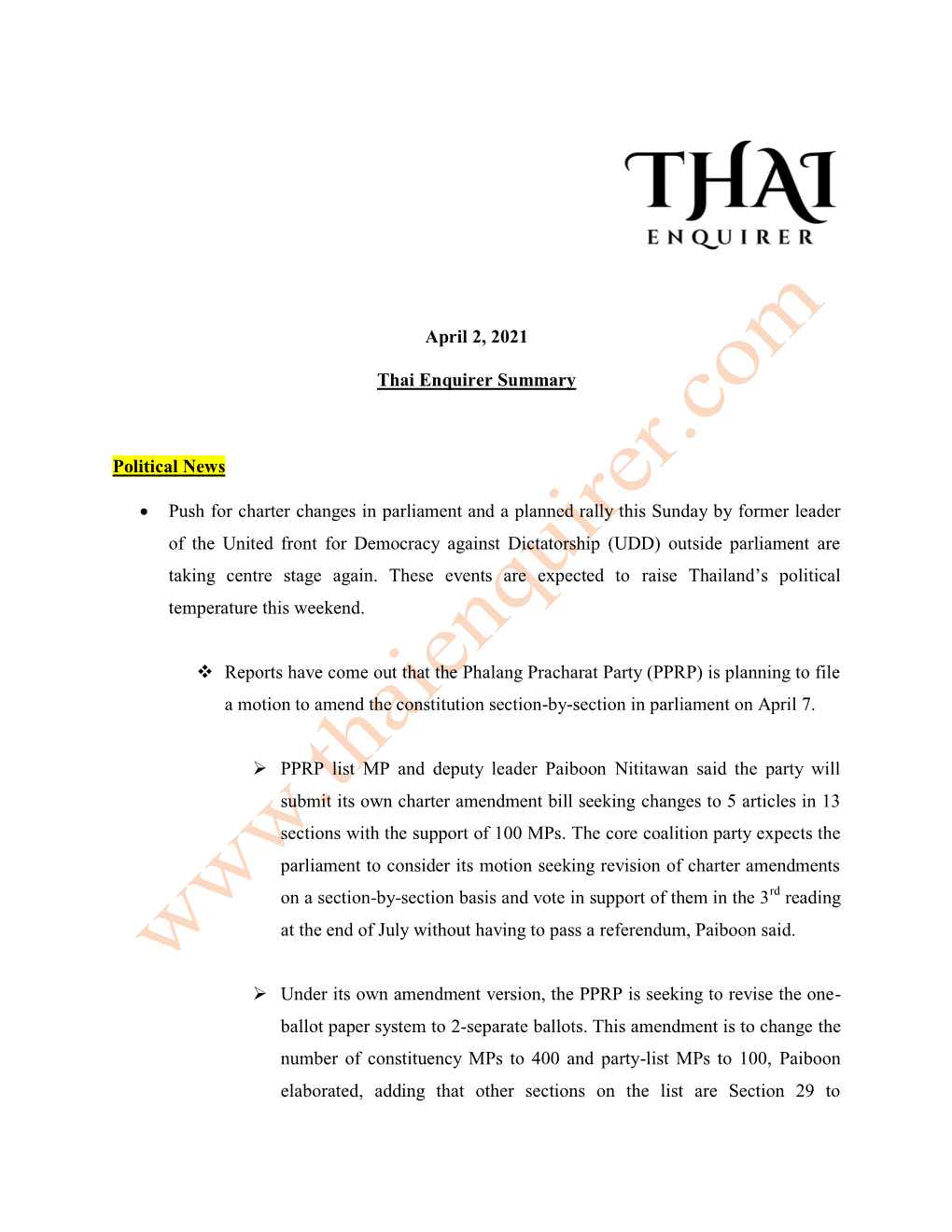 April 2, 2021 Thai Enquirer Summary Political News • Push for Charter