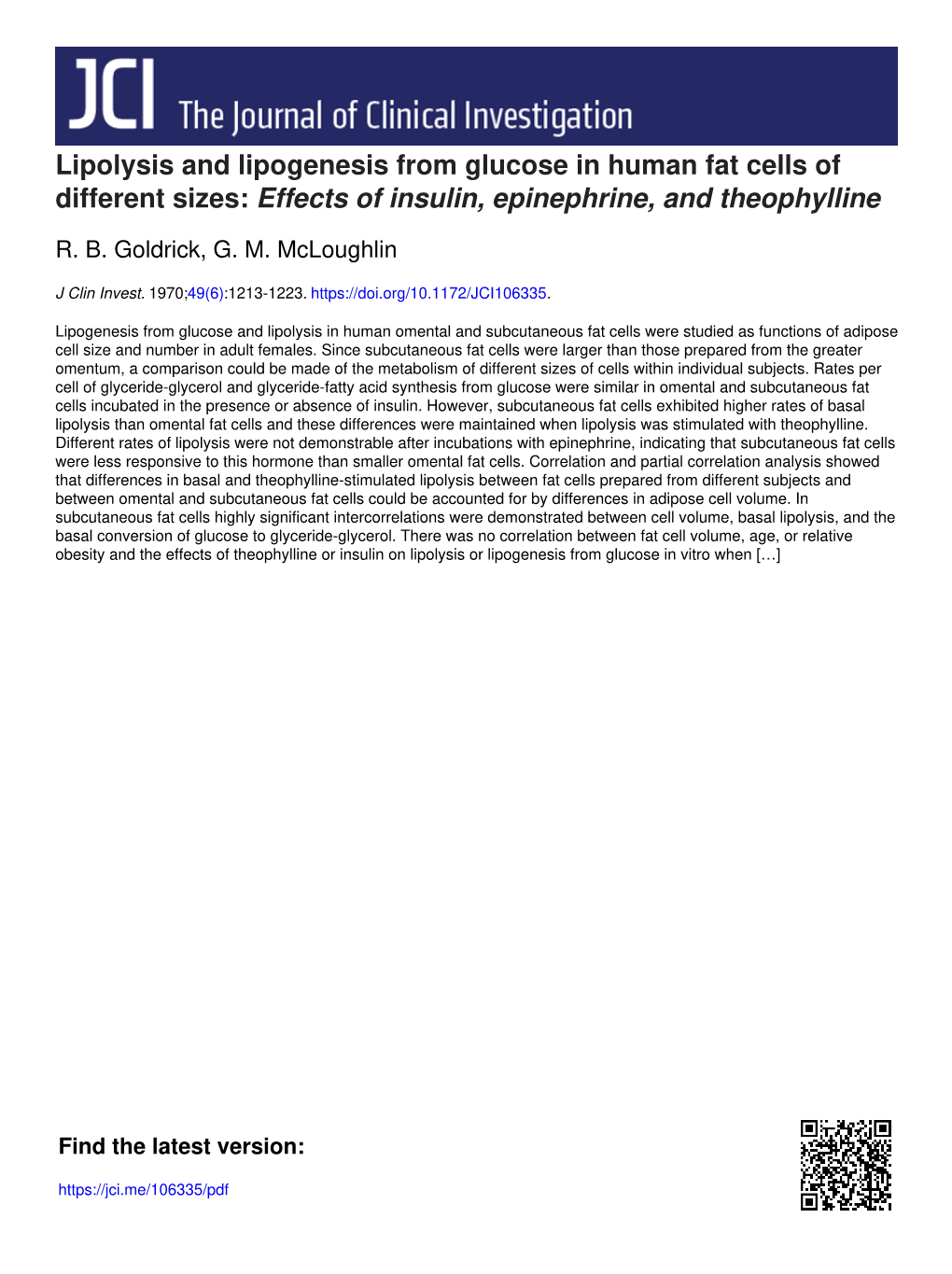 Lipolysis and Lipogenesis from Glucose in Human Fat Cells of Different Sizes: Effects of Insulin, Epinephrine, and Theophylline