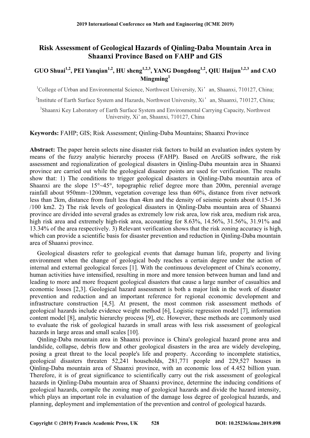 Risk Assessment of Geological Hazards of Qinling-Daba Mountain Area in Shaanxi Province Based on FAHP and GIS