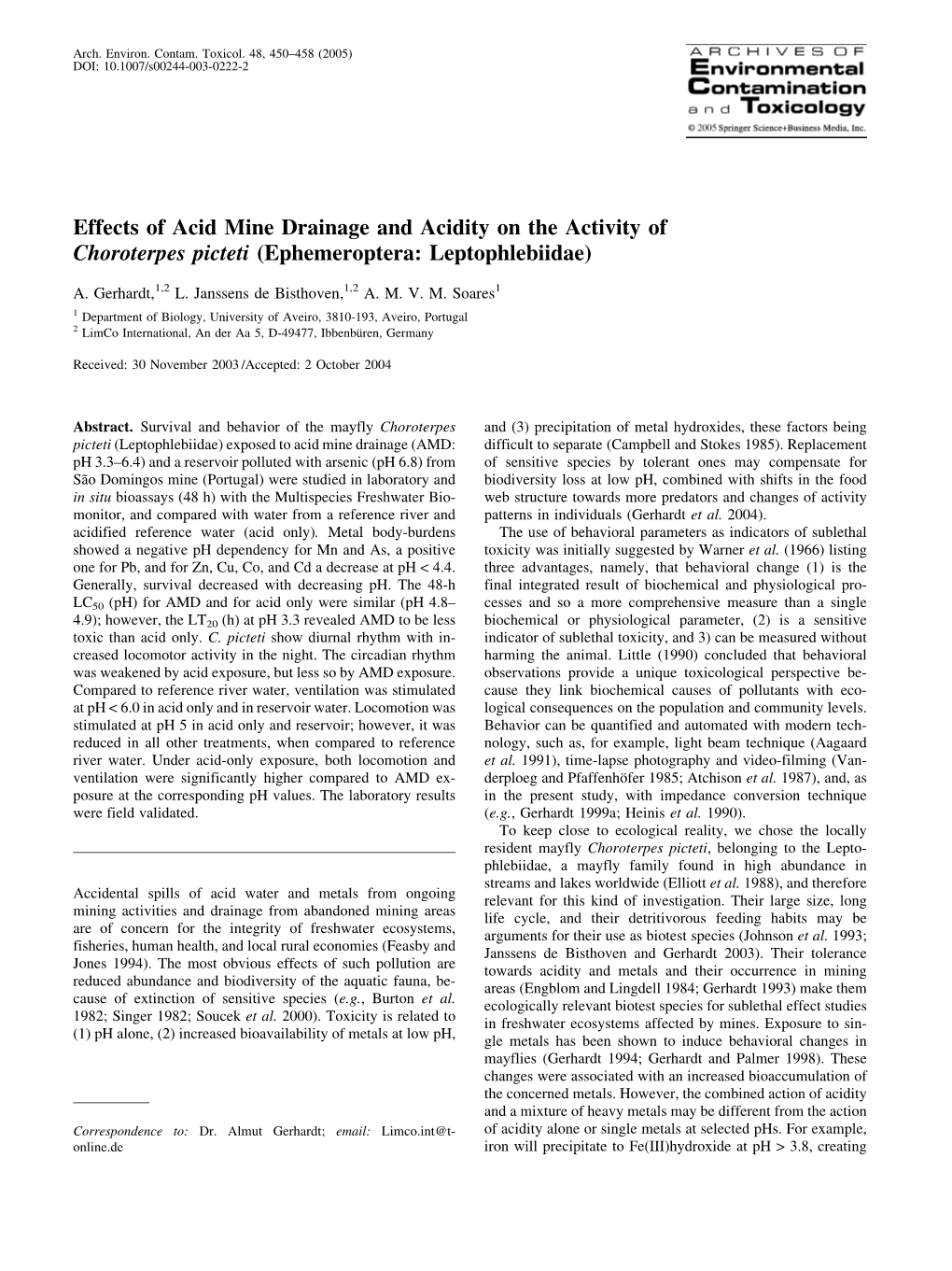 Effects of Acid Mine Drainage and Acidity on the Activity of Choroterpes Picteti (Ephemeroptera: Leptophlebiidae)