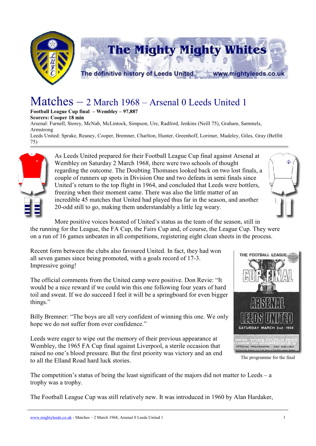 Matches – 2 March 1968 – Arsenal 0 Leeds United 1
