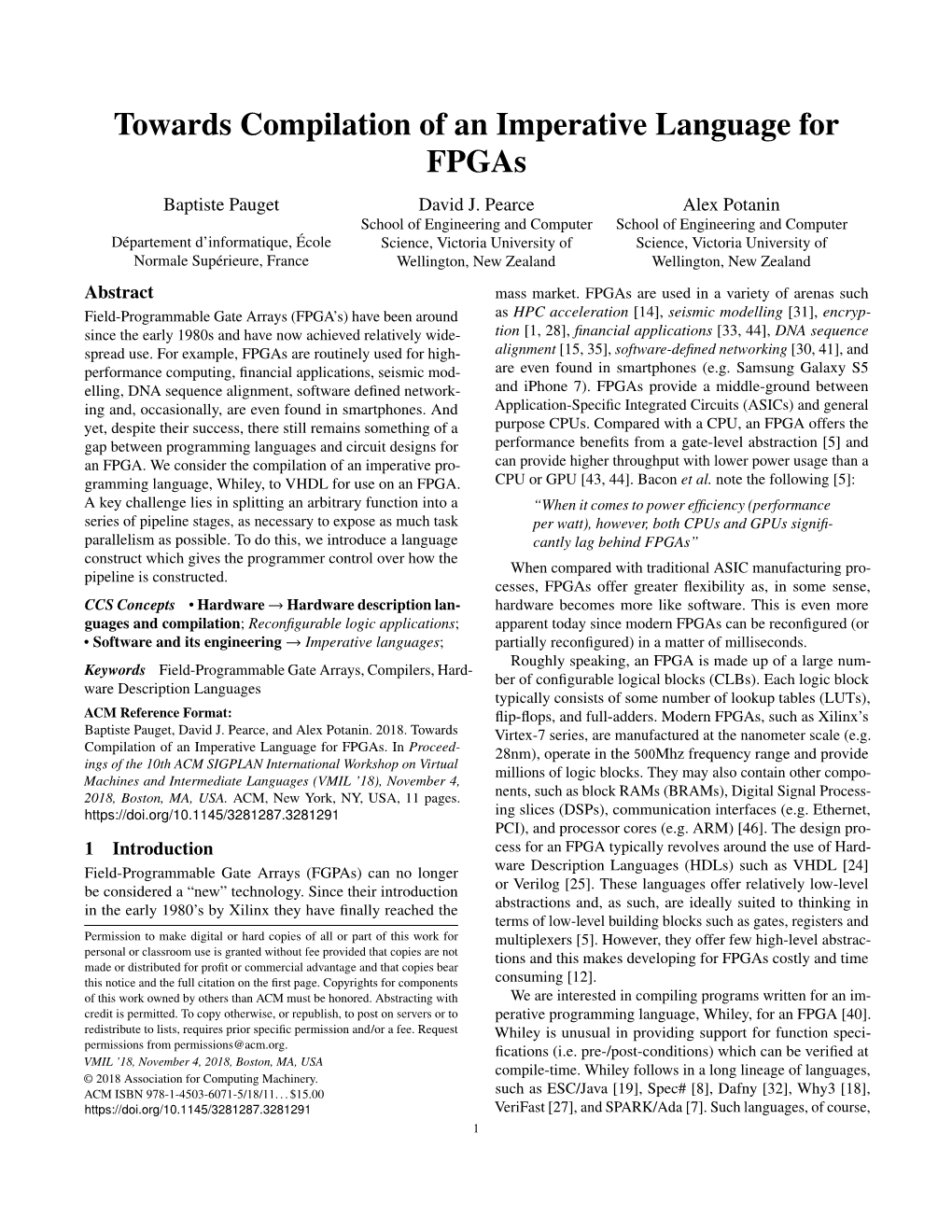 Towards Compilation of an Imperative Language for Fpgas Baptiste Pauget David J