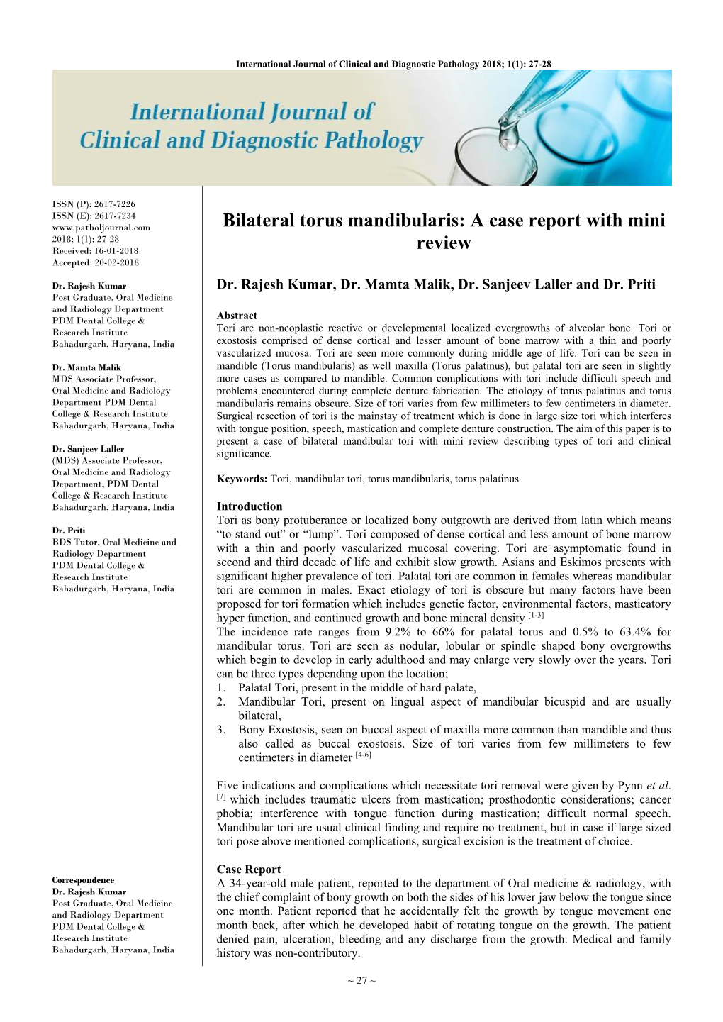 Bilateral Torus Mandibularis: a Case Report with Mini 2018; 1(1): 27-28 Received: 16-01-2018 Review Accepted: 20-02-2018