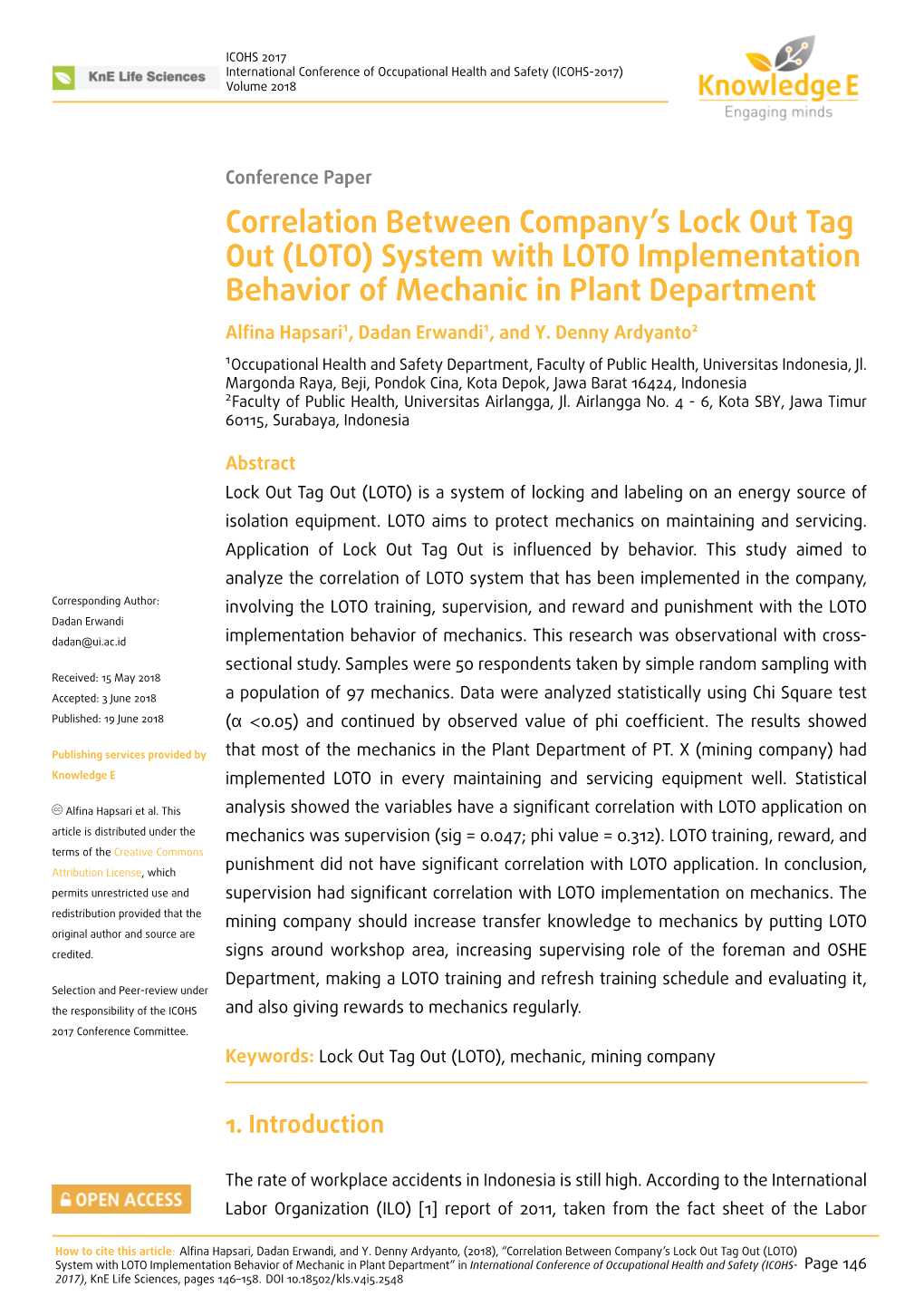 Correlation Between Company's Lock out Tag out (LOTO) System With