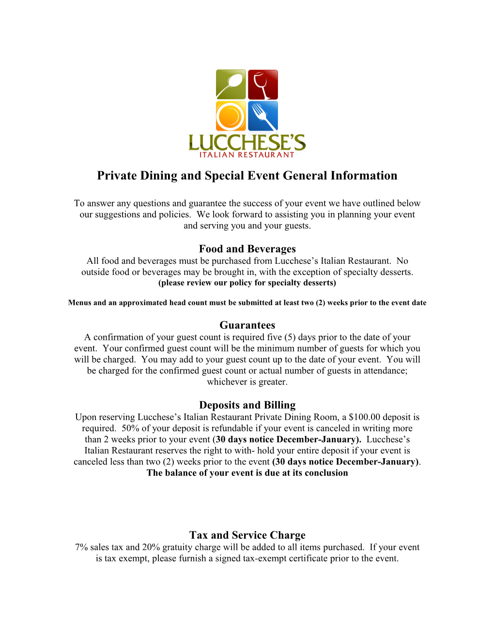 Private Dining and Special Event General Information